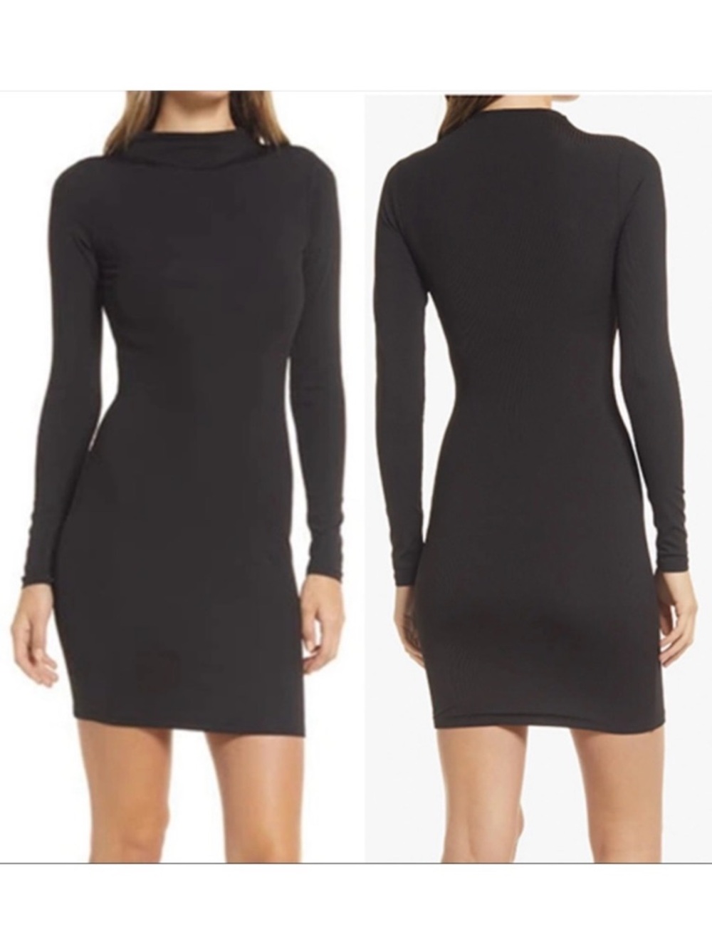 Naked Wardrobe Mock Neck Ribbed Long Sleeve Bodycon Mini Dress: Black